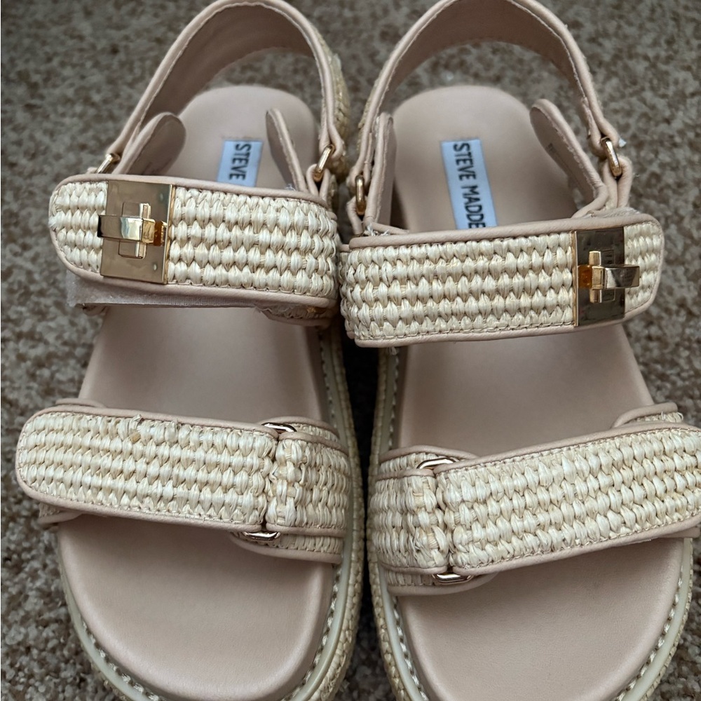 Steve Madden Cream Woven Sandals with Gold Buckles
